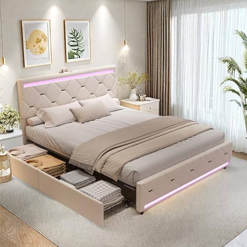 FreeWind Polsterbett 160x200 cm mit USB Ladefunktion & LED-Kopfteil, Doppelbett mit 4 Schubladen, Stauraumbetten Jugendbett, Funktionsbett Bettgestell mit Lattenrost, samt, Ohne Matratze FreeWind Polsterbett 160x200 cm mit USB Ladefunktion & LED-Kopfteil, Doppelbett mit 4 Schubladen, Stauraumbetten Jugendbett, Funktionsbett Bettgestell mit Lattenrost, samt, Ohne Matratze von FreeWind