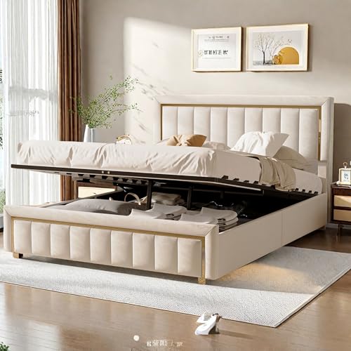 FreeWind Polsterbett Doppelbett 160 x 200 cm, Stauraumbett mit Hydraulisch Bettkasten, Funktionsbett mit Stauraum, Bettgestell mit Lattenrost aus Metallrahmen, Jugendbett, Samt, ohne Matratze (Beige) von FreeWind