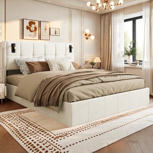 FreeWind Polsterbett Doppelbett 160x200 cm, Jugendbett Hydraulisch Stauraumbett mit Leselicht & USB Ladefunktion, Funktionsbett Bettgestell mit Stauraum & Lattenrost, Jugendbett, Samt (Beige) von FreeWind