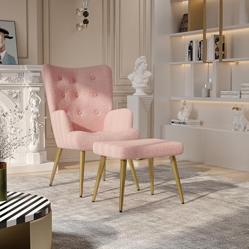 FreeWind Relaxsessel mit Hocker Polyester-Bezug, Fernsehsessel Polstersessel Polsterstuhl Armsessel Relaxstuhl Ohrensessel Relaxstuhl lesesessel Wohnzimmerstuhl Teddy-Plüsch (Rosa) von FreeWind