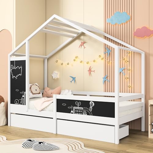 Kinderbett Hausbett 90x200 cm, Holzbett mit 2 Schubladen & Tafel, Massivholz Kinder Bett mit Rausfallschutz und Lattenrost, Einzelbett für Kinder und Jugendzimmer, Ohne Matratze, Weiß Kinderbett Hausbett 90x200 cm, Holzbett mit 2 Schubladen & Tafel, Massivholz Kinder Bett mit Rausfallschutz und Lattenrost, Einzelbett für Kinder und Jugendzimmer, Ohne Matratze, Weiß von FreeWind