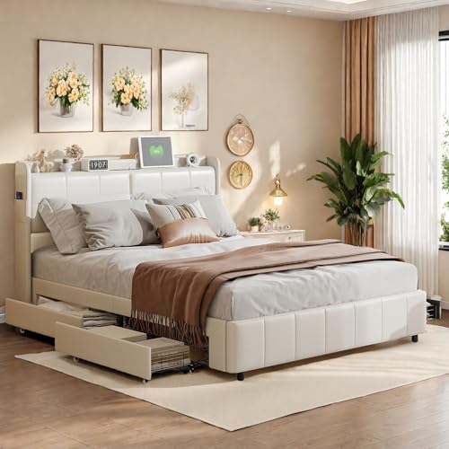 Polsterbett 140x200 cm, Doppelbett mit USB Ladefunktion, Stauraumbett mit 4 Schubladen, Funktionsbett Rückenlehne Bettgestell mit Holz Lattenrost, gepolstertes Bett Jugendbett, PU, Ohne Matratze Polsterbett 140x200 cm, Doppelbett mit USB Ladefunktion, Stauraumbett mit 4 Schubladen, Funktionsbett Rückenlehne Bettgestell mit Holz Lattenrost, gepolstertes Bett Jugendbett, PU, Ohne Matratze von FreeWind