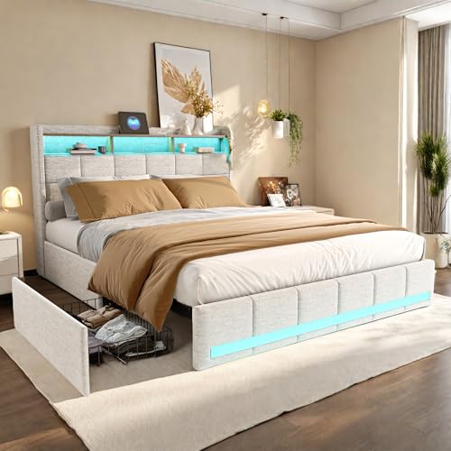Polsterbett 160 x 200 cm mit LED, Doppelbett mit 4 Schubladen & USB-Ladefunktion, Bettgestell mit Lattenrost, Jugendbett Stauraumbetten Funktionsbett Rückenlehne, Leinen, ohne Matratze (Beige) von FreeWind