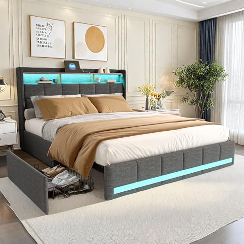 Polsterbett 160 x 200 cm mit LED, Doppelbett mit 4 Schubladen & USB-Ladefunktion, Bettgestell mit Lattenrost, Jugendbett Stauraumbetten Funktionsbett Rückenlehne, Leinen, ohne Matratze (Grau) von FreeWind