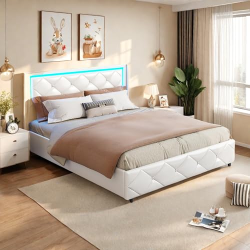 Polsterbett Doppelbett 140 cm x 200 cm, Hydraulisch Stauraumbett mit LED Beleuchtung & USB-Ladefunktion, Funktionsbett Bettgestell mit Stauraum und Lattenrost, Jugendbett, PU, Ohne Matratze, Weiß von FreeWind