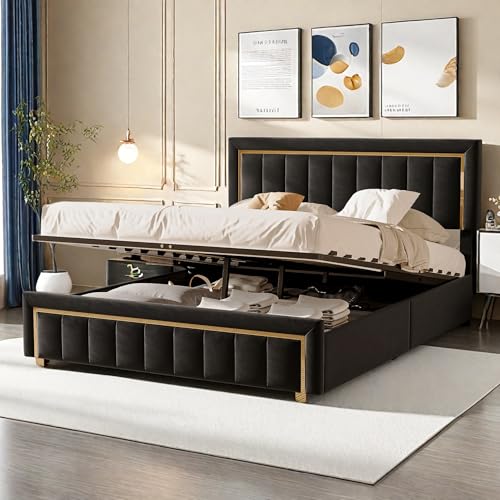 Polsterbett Doppelbett 160 x 200 cm, Stauraumbett mit Hydraulisch Bettkasten, Funktionsbett mit Stauraum, Bettgestell mit Lattenrost aus Metallrahmen, Jugendbett, Samt, ohne Matratze (Schwarz) von FreeWind