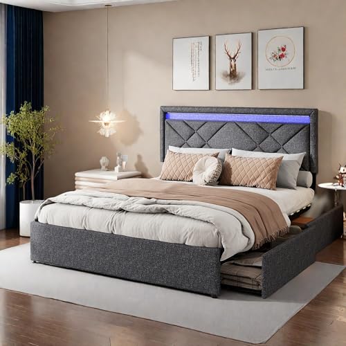 Polsterbett Doppelbett 160 x 200 cm, Stauraumbett mit mit USB Ladefunktion & 4 Stauraum Schubladen, Jugendbett Funktionsbett Rückenlehne Bettgestell mit Holz Lattenrost, Leinen, Grau, Ohne Matratze Polsterbett Doppelbett 160 x 200 cm, Stauraumbett mit mit USB Ladefunktion & 4 Stauraum Schubladen, Jugendbett Funktionsbett Rückenlehne Bettgestell mit Holz Lattenrost, Leinen, Grau, Ohne Matratze von FreeWind