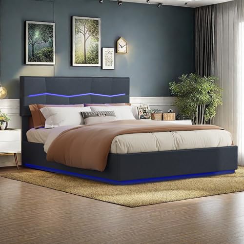 Polsterbett Doppelbett 180 x 200 cm, Hydraulisch Bett mit Stauraum & LED-Beleuchtung, Stauraumbett Jugendbett Funktionsbett Bettgestell mit USB Aufladen & Lattenrost, PU, Ohne Matratze (Schwarz) von FreeWind