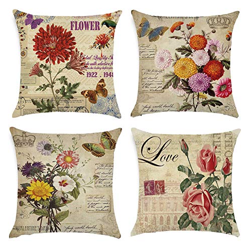 Freeas Kissenbezug 45 x 45 cm, Baumwolle Leinen Retro Blume Kissenhülle Taille Wurf Kopfkissenbezug für Zuhause und Sofa, Schlafzimmer,4 Stück von Freeas