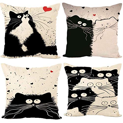 Freeas Kissenbezug 45 x 45 cm, Baumwolle Leinen Schwarz und weiß Katze Kissenhülle Taille Wurf Kopfkissenbezug für Zuhause und Sofa, Schlafzimmer Dekoration, 4 Stück von Freeas