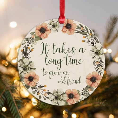 Freecustom Acryl-Weihnachtsschmuck "It Takes A Long Time to Grow An Old Friend", Weihnachtsbaumschmuck, orangefarbener Blumenkranz, Familiengebet, Ornament zum Dekorieren von Weihnachten, Zuhause, 7,6 Freecustom Acryl-Weihnachtsschmuck "It Takes A Long Time to Grow An Old Friend", Weihnachtsbaumschmuck, orangefarbener Blumenkranz, Familiengebet, Ornament zum Dekorieren von Weihnachten, Zuhause, 7,6 von Freecustom