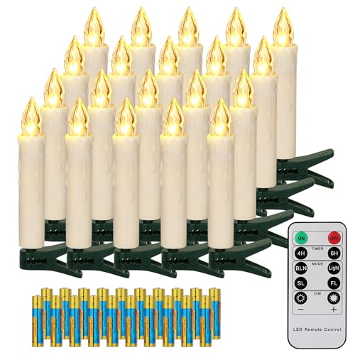 FREEPOWER 20er LED Weihnachtsbaum Kerzen Kabellos mit Fernbedienung Timer Flackern Dimmbar Warmweiß Weihnachtskerzen Lichterkette Christbaumkerzen Außen Wasserdicht（mit 20 Batterien） von FREEPOWER