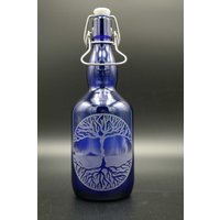 0, 75L Blaue Glasflasche - Lebensbaum von Freiglas