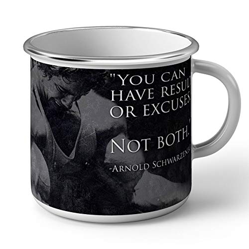 Schwarzenegger's Motivation Results Or Excuses Tasse, emailliert, Metall von French Unicorn