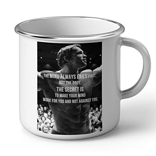 Tasse, emailliert, Metall, Aufschrift "Schwarzenegger's Motivation/To Make your Mind Schauspieler" von French Unicorn