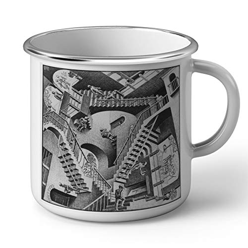 Tasse, emailliert, Metall, Relativity, Treppen, Monochrom, Escher, Zeichnung, optische Illusion von French Unicorn