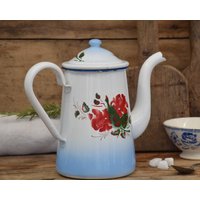 Blaue Emaille Kaffeekanne Mit Blumenmuster Barware Sammler Geschenk Kaffeeliebhaber von FrenchTouchBoutique