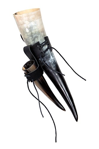 Frera "Grimnirs Horn" Trinkhornset 0,5l + 0,1l, 500ml +100ml inkl. Gürtelhalterung aus Leder in schwarz, lebensmittelecht lackiert, poliert, Naturhorn von Frera