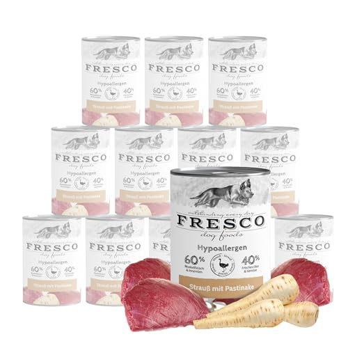FRESCO Dog Hypoallergen-Menü Strauß mit Pastinake - hypoallergenes Hundefutter Nassfutter 12x 400g in Barf-Qualität von Fresco Dog