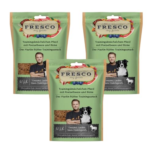 Fresco Trainingsknöchelchen Pferd mit Preiselbeere & Birne | 3er Pack | 3 x 150 g | Ergänzungsfuttermittel für Hunde | Zum Training oder als Belohnung zwischendurch | Ohne künstliche Zusätze von Fresco Dog