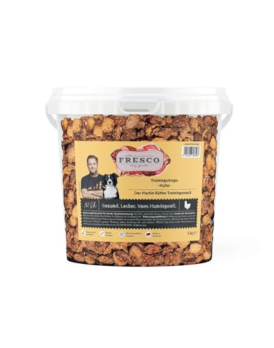 FRESCO Martin Rütter Trainingsdrops Huhn | 1 kg Eimer | Ergänzungsfuttermittelsnack für Hunde zur Belohnung | Monoprotein aus Hühnerfleisch | Ohne künstliche Zusätze von Fresco Dog