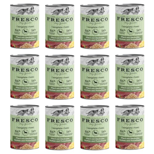 Fresco Complete-Menü Pferd mit Steckrübe, Quinoa & Preiselbeeren | 12er Pack | 12 x 400 g | Nassbarf für Hunde | Wichtige Proteine & Eiweiß | Aus reinem Muskelfleisch Fresco Complete-Menü Pferd mit Steckrübe, Quinoa & Preiselbeeren | 12er Pack | 12 x 400 g | Nassbarf für Hunde | Wichtige Proteine & Eiweiß | Aus reinem Muskelfleisch von Fresco