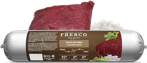 Fresco Dog Barf Wurst Complete-Menü Kamel mit Kokos | 400 g | Futtermittel für Hunde | Kann dabei helfen Hunde optimal zu versorgen | Enthält 92% Fleisch und Innereien von Fresco Dog