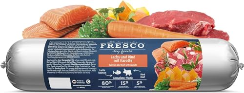 Fresco Dog Barf Wurst Complete-Menü Lachs und Rind mit Karotte | 400 g | Futtermittel für Hunde mit Lachs und Rind mit Karotte | Kann dabei helfen Hunde optimal zu versorgen von Fresco Dog