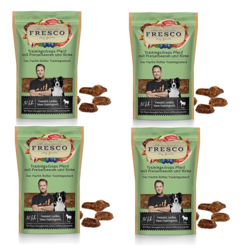 Fresco Martin Rütter Trainingsdrops Pferd mit Preiselbeeren und Birne | 4er Pack | 4 x 150 g | Natürlicher Monoproteinsnack für Hunde | Getreidefreie Rezeptur von Fresco Dog
