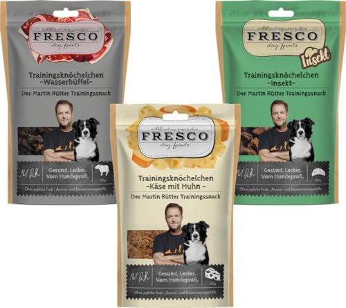 Fresco Martin Rütter Trainingsknöchelchen Probierpaket | je 1x Wasserbüffel, Huhn & Insekt | 3 x 150 g | Natürlicher Monoproteinsnack | Leckerer Snack für Hunde Fresco Martin Rütter Trainingsknöchelchen Probierpaket | je 1x Wasserbüffel, Huhn & Insekt | 3 x 150 g | Natürlicher Monoproteinsnack | Leckerer Snack für Hunde von Fresco