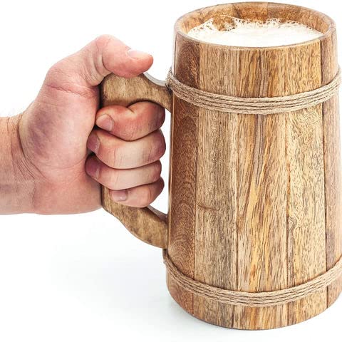 FRESCORR,Bierbecher aus Holz, 100 % authentisch und handgearbeitet in Top-Qualität, handgefertigt, Retro, brauner Holzbecher mit Henkel zum Trinken von Tee, Kaffee, Bier, Heißgetränken. (helles Holz) von Frescorr