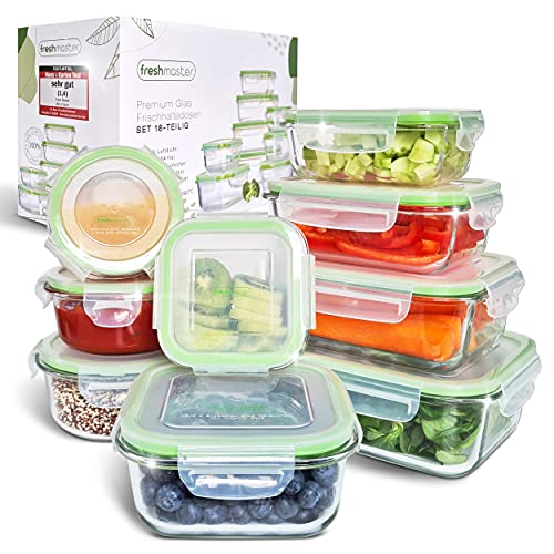 Fresh Master Frischhaltedose Glas Set - Testurteil: SEHR GUT - 100% auslaufsichere + luftdichte Vorratsdosen mit Deckel I Vorratsdosen Glas Meal Prep Boxen Glas Aufbewahrungsbox (18 teilig) von Fresh Master