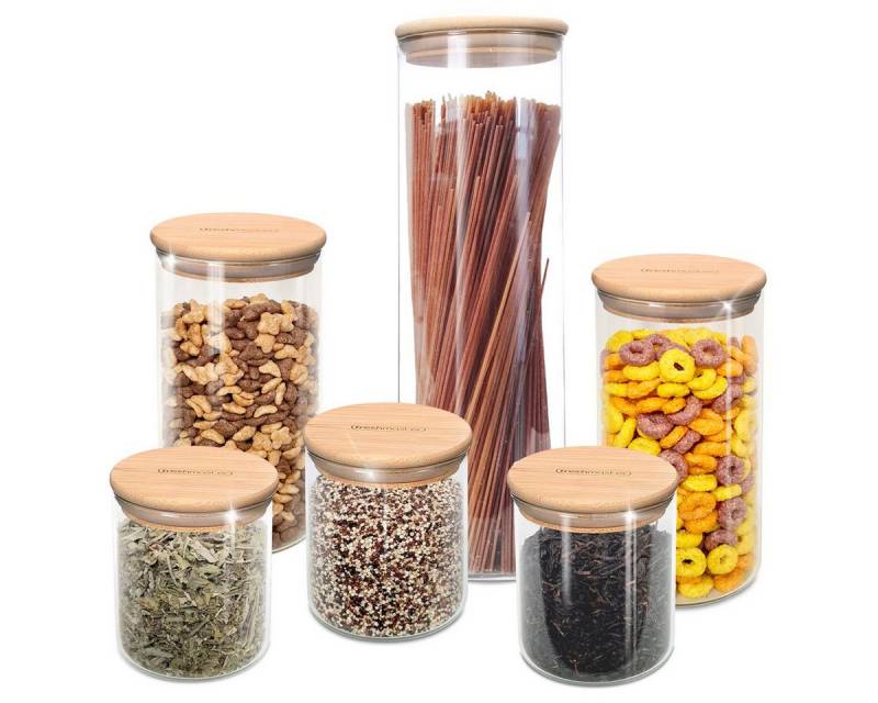 Fresh Master Vorratsglas Vorratsdosen Glas mit Bambus-Deckel, Borosilikatglas, (12-tlg), Vorratsgläser mit Bambusdeckel für luftdichte Aufbewahrung von Fresh Master