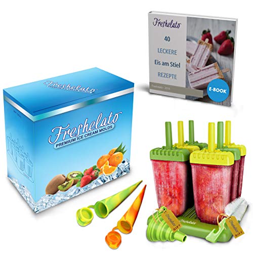 Freshelato - EIS am Stiel Eisformen/Wassereisformen Set + 2 x Silikon EIS Pop Form + Trichter + BPA- frei + Bürste + Rezeptbuch (Ebook auf Deutsch) (Gelb-Grün) von Freshelato