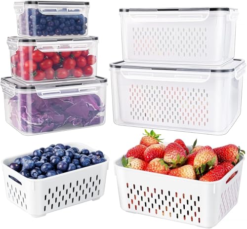 5 Stück große Obstbehälter für den Kühlschrank – auslaufsichere Lebensmittelaufbewahrungsbehälter mit abnehmbarem Sieb – spülmaschinen und mikrowellengeeignet. Produktbehälter halten Obst, Gemüse, von Freshmage