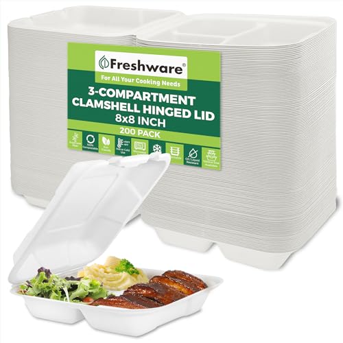Freshware Clamshell-Behälter, 20,3 x 20,3 cm, 3 Fächer, 200 Stück, Natur von Freshware