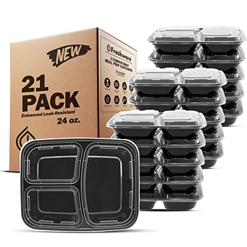 Freshware Meal Prep Behälter [21 Stück] 3 Fächer mit Deckel, Frischhaltedosen, Bento-Box, BPA-frei, stapelbar, mikrowellen-/spülmaschinen-/gefriergeeignet (680 ml) von Freshware