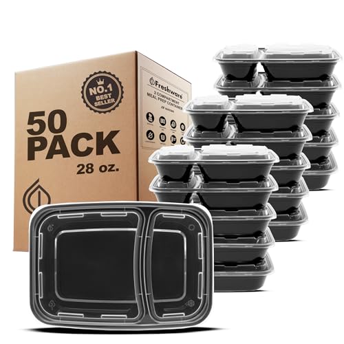 Freshware Meal Prep Container [50 Stück] 2 Fächer mit Deckel, Lebensmittelaufbewahrungsbehälter, Bento-Box, BPA-frei, stapelbar, mikrowellen-/spülmaschinen-/gefriergeeignet (32 oz) von Freshware