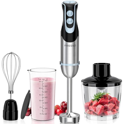 FRESKO 4-in-1 Stabmixer Edelstahl, 1000W Pürierstab mit 12 Geschwindigkeiten und Turbo-Modi, Inklusive Schneebesen, 500ml Lebensmittelhacker und 700ml Messbecher, für Babynahrung, Suppe, Smoothies von Fresko