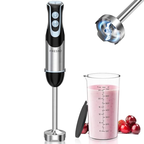 FRESKO Stabmixer,1000W pürierstab mit 12 Geschwindigkeitsstufen, TURBO-Taste, 700ml Becher mit Deckel, Edelstahl, für Soße, Suppe, Babynahrung von Fresko