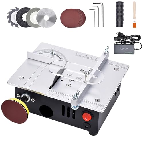 Mini Tischkreissäge mit Polierscheibe und 4 Klingen, 7-Gang-Netzteil Einstellbarer Präzisions Table Saw, Tragbare 0,1-15mm Sägeblatt Höhenverstellbarer und Sicherheitsklappe für Holzbearbeitung von Fresum