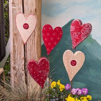 Sale Perlweiss/Dunkelrot Herzen Aus Holz Handbemalt, Schweiz Serie, Schimmernde Deko Für Haus Und Garten, Gartenstecker Pflanzenstecker von Freudenbaum