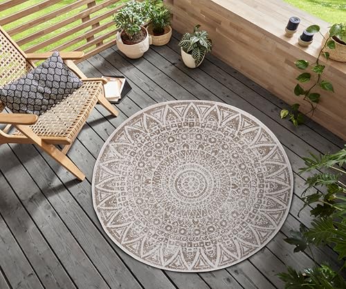 freundin Home Collection Nora In- & Outdoor Teppich Rund – Wendeteppich Wetterfest Modernes Design Runder Teppich für Balkon Terrasse Wintergarten Badteppich Wohnzimmerteppich, Grau Creme, 200cm von freundin Home Collection
