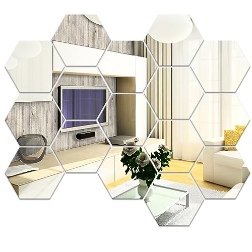 Frevoitna 16 stück Sechseckiger Spiegel Silber, Mirror Sechseck Wandaufkleber Acryl 177×153×90mm, Spiegel Wand Selbstklebend für Kinderzimmer, Schlafzimmer, Home Wohnzimmer, Wand Dekoration von Frevoitna