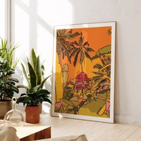 Bali Kunstdruck | Reise Druck Dschungel Zeichnung Heller Reisedruck Geschenk Rosa Und Grüne Kunst Poster von FreyaNiamhDesignShop