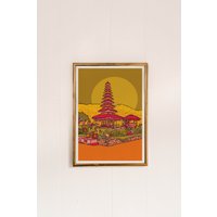 Bali Reise Druck | Kunst Tempel Zeichnung Heller Reisedruck Geschenk Rosa Und Grüne Poster von FreyaNiamhDesignShop