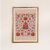 Ein Spukhaus Kunstdruck, Druck, Geist Zeichnung, Fledermaus Kürbis Dekor, Süßes Oder Saures Rosa Und Orange Kunst von FreyaNiamhDesignShop