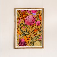 Helle Wandkunst, Rockpool Kunst, Mustard Print, Maritime Pink Home Decor, Strand Zeichnung, Ozean Seaside Print von FreyaNiamhDesignShop