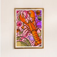 Helle Wandkunst, Rosa Hummer Druck, Maritime Wohnkultur, Strand Zeichnung, Ozean Kunst, Meer Und Orange Dekor von FreyaNiamhDesignShop