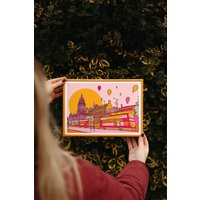 Leeds Kunstdruck | Reise Druck Zeichnung Heller Reisedruck Geschenk Rosa Und Orange Kunst Poster von FreyaNiamhDesignShop